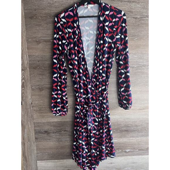 Boden wrap dress Sz 12 Geometric Midi Stretchy Comfy Tie V Neck XL - Picture 2 of 10